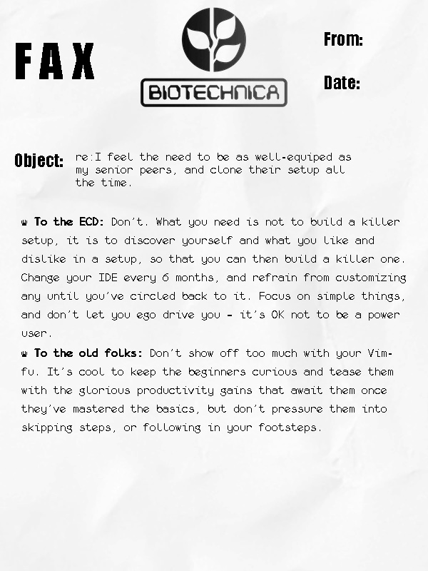 Picture of a fake fax from Biotechnica; content below.
